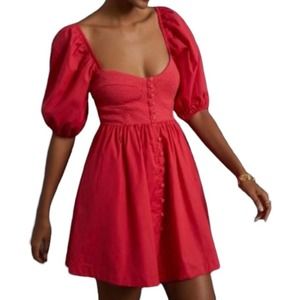 Maeve Anthropologie Sweetheart Puff Sleeve Red Smocked Mini Dress Size M